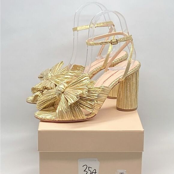Loeffler Randall Camellia Gold Pleated Bow Heel Sandals size 6.5 - Picture 10 of 12